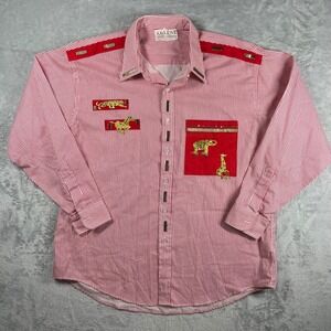 Arlene Red White Striped Safari Animal Rhinestone Button Up Shirt XL Vintage